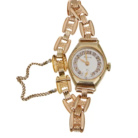 Kulratannekello Revua, kaiverrettu, manuaalinen, taulun Ø 21mm, rannekkeen pituus 160mm, ranneke kultaa, 585br Paino: 16,6 g