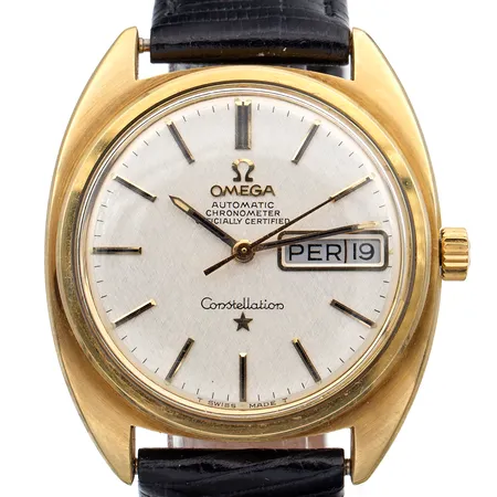 Teräsrannekello Omega Constellation nahkarannekkeella, automaatti, Ø 35mm, sarjanumero 27658406, caliberi 751, 24-kivinen, pituus 160-200mm.