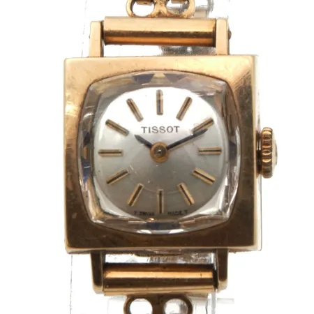 Kultarannekello Tissot, Swiss made, manuaalinen, kaiverrettu, rungon mitat 17x17mm, kultarannekkeen pituus 190mm,  Paino: 20 g