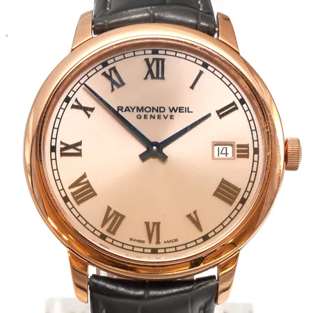 Teräsrannekello Raymond Weil Geneve, ref 5485-X663896, quartz, patteri loppunut, rungon Ø39mm, nahkarannekkeen pituus 175-215mm, WR50, laatikko,