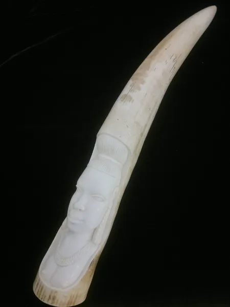Norsunluuveistos, korkeus 48,0cm, pieni kuivumishalkeama vasemmassa laidassa.