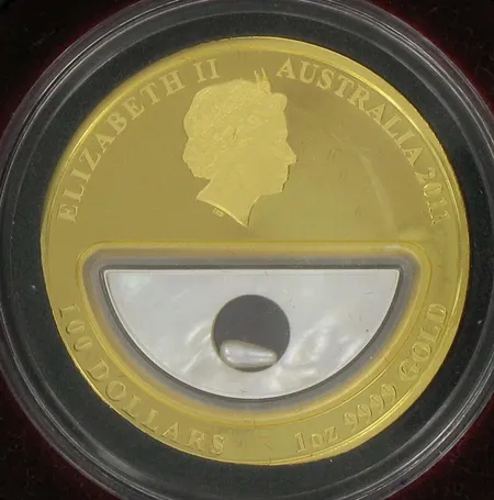 Kultaraha Treasures of Australia, Pearls, v.2011, nimellisarvo 100dollaria, puukotelossa, 999, paino 31,1g Vikt: 31,1 g