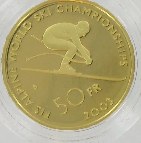 Kultaraha Wordl Ski Championships St. Moritz, v.2003, Helvetica, nimellisarvo 50Fr, 11,2g 900 Vikt: 11,2 g