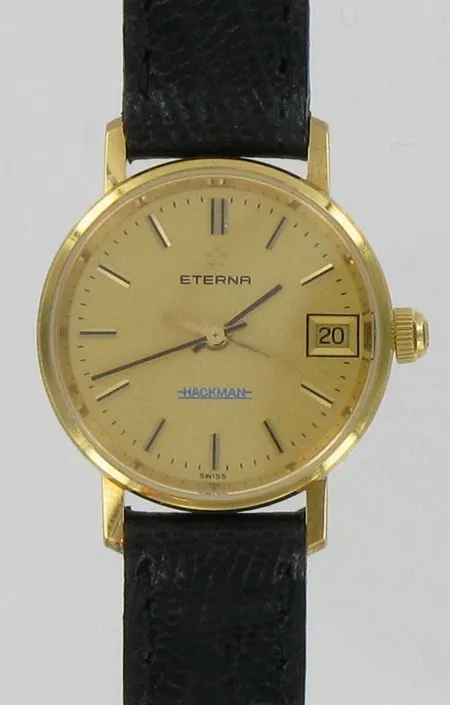 Naisten kultarannekello Eterna nahkarannekkeella, quartz, Hackman logo kellon taulussa, kaiverrettu, 585br, paino 12,7g Vikt: 12,7 g