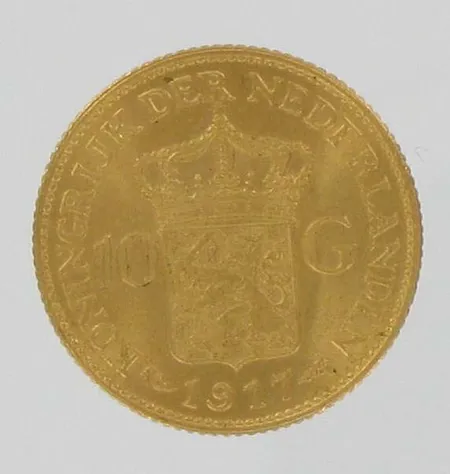 Kultaraha Alankomaat, 10 G, vuosi 1917, 900, paino 6,7g Vikt: 6,7 g