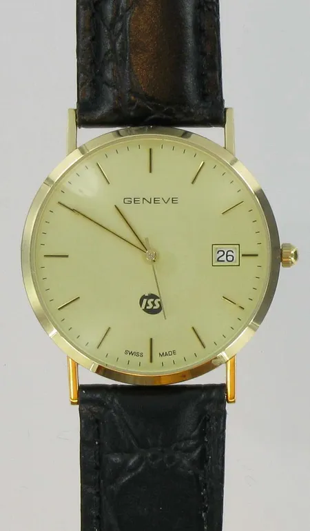 Miesten kultarannekello Geneve,quartz, kaiverrettu, nahkarannekkeella, 585br, paino 22,7g Vikt: 22,7 g