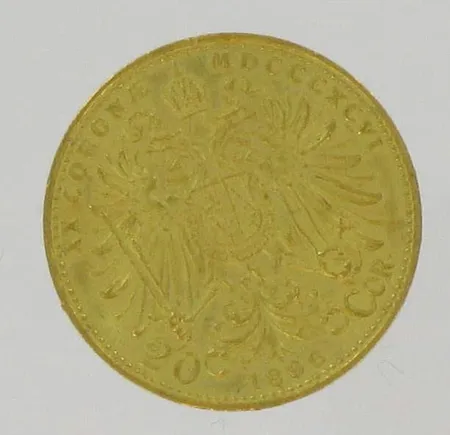 Kultaraha, Itävalta v.1896, 20 coronaa, 900, paino 6,8g Vikt: 6,8 g