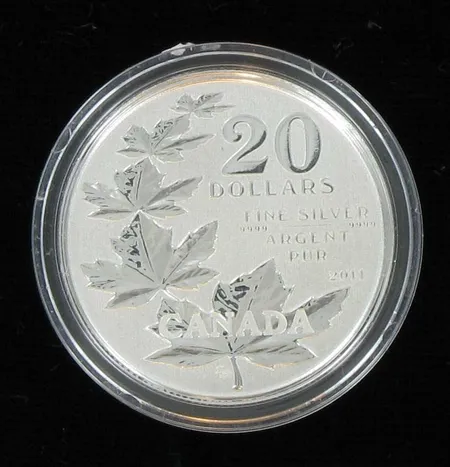 Hopearaha Maple Leaf, Kanada v.2011, nimellisarvo 20 dollaria, 999, 7,96g Vikt: 8   g