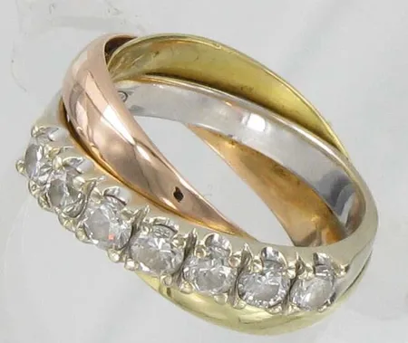 Timanttisormus 7xn.0.09ct-0.10ct, kolmivärinen, kaiverrettu, koko 16, 750, paino 7,0g Vikt: 7   g