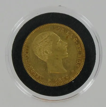 Kultaraha, Euroopan Kulta-aarre, Espanja, 25 pesetaa, vuodelta 1876, 900, paino 8,0645g Vikt: 8   g