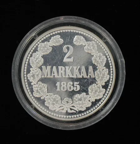 Rahareplika, 2 Markkaa 1865, 925, paino 19,0g Vikt: 19   g