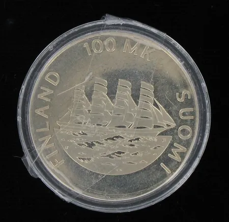 Juhlaraha Ahvenanmaan itsehallinto 70 vuotta 1921-1991, nimellisarvo 100mk, 925, paino 24,0g Vikt: 24   g