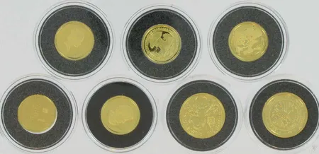 7 kultarahaa, Englanti, Canada, Kiina, Israel, Venäjä ja Itävalta, 900, paino 13,0g Vikt: 13   g
