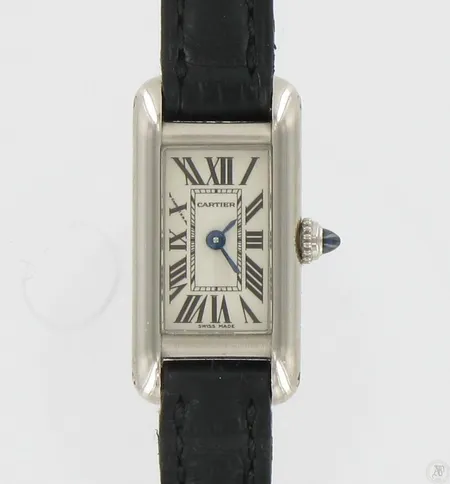 Kultarannekello Cartier Tank Louis Cartier mini, nahkarannekkeella, 750vk, taulun koko 16x9mm