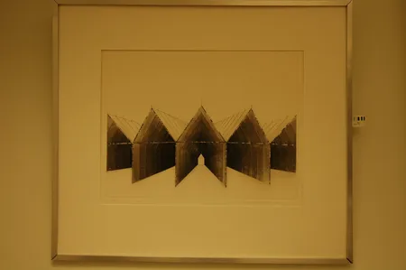 Litografia sign. Pentti Lumikangas koko 397x532 v.1970 teoksen nimi tyhjentyneet kasvihuoneet lasi puuttuu