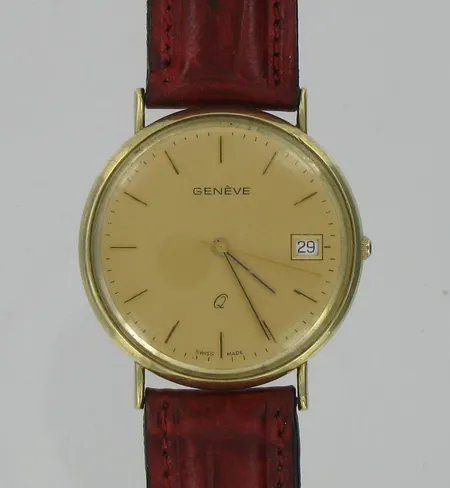 Miesten kultarannekello geneve q nahkarannekkeella, kaiverrettu, 585br, paino 22,4g Vikt: 22,4 g