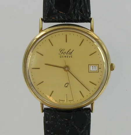 Kultarannekello Gold Geneve quartz, nahkarannekkeella, 585br, paino 25,2g Vikt: 25,2 g