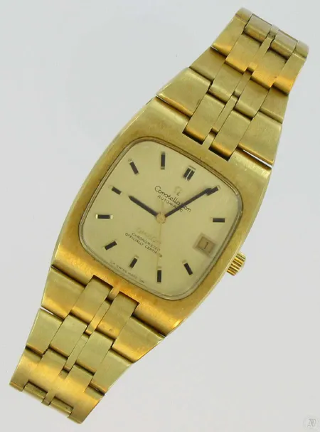 Miesten kultarannekello Omega Constellation kultarannekkeella, automaattinen, lasissa naarmuja, 750br, paino 138,1g Vikt: 138,1 g