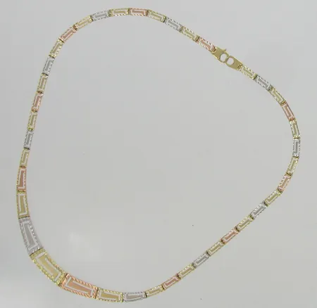 Kaulakoru, kelta- valko- punakulta, pituus 46cm, 585, paino 16,8g Vikt: 16,8 g