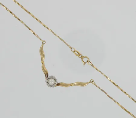 Helmikaulakoru timanteilla 6xn.0.005ct, kelta- valkokulta, ketju viallinen, pituus 46cm, 585br, paino 4,2g Vikt: 4,2 g