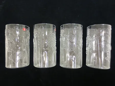 Neljä kirkasta juomalasia, tilavuus 36cl, Iittala Finland Flora, design Oiva Toikka, omassa laatikossa