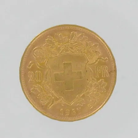 Kultaraha, Helvetia, 1947, nimellisarvo 20 frangia, 900, paino 6,5g Vikt: 6,5 g