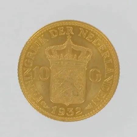 Kultaraha, Koningrijk der Nederlanden, 1932, nimellisarvo 10 G, 900, paino 6,7g Vikt: 6,7 g