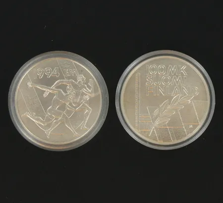 Kaksi hopea juhlarahaa, 100 Markkaa Yleisurheilun EM-kisat 1994, 925, paino 48,0g Vikt: 48   g