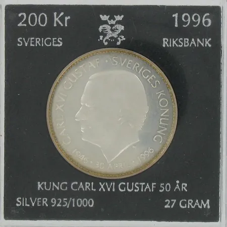 Hopearaha 200kr 1996, kung Carl XVI Gustaf 50 år, 925, paino 27,0g Vikt: 27   g