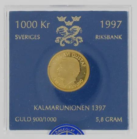 Kultaraha Kalmarunionen 1397, nimellisarvo 1000kr, Ruotsi, 900, paino 5,8g Vikt: 5,8 g
