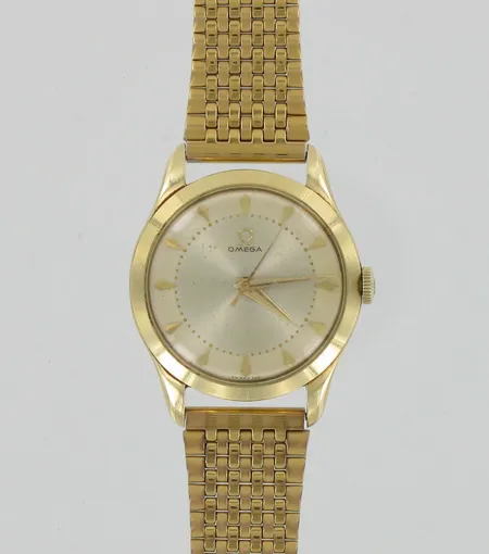 Kultainen rannekello Omega 17 jewels caliber 420, sarjanumero 11228710.2650/14078850, kaiverrettu, 585br ranneke terästä, paino 57,4g Vikt: 57,4 g