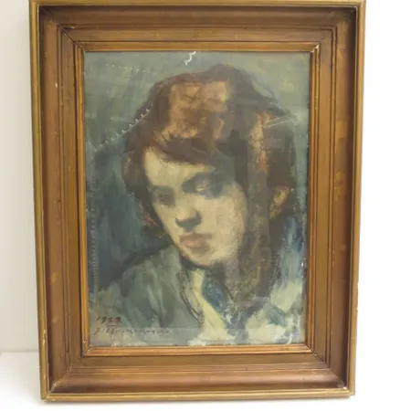 Vesivärimaalaus, sign.Jalmari Ruokokoski 1929, Naisen muotokuva, mitat 330x440mm