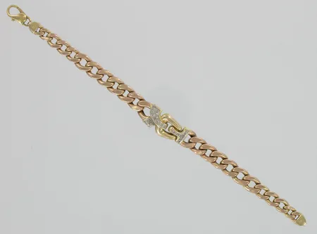Panssariranneketju timanteilla 21xn.0.005ct, käytön jälkiä, pituus 210mm, 585 kelta- ja punakulta, paino 20,2g Vikt: 20,2 g