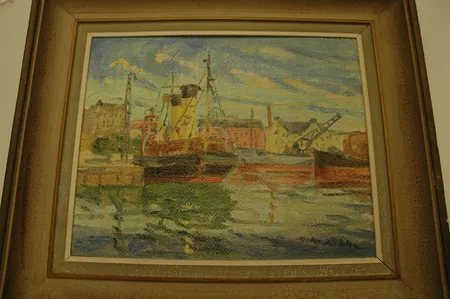 Taulu öljyväri levylle, koko 39X49cm, laivoja satamassa, signeeraus W Ahlgren -46
