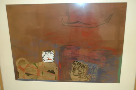 Taulu sekatekniikka paperille, koko 45X63,0cm, Apinaäiti - Venetsia, signeeraus Leena Luostarinen