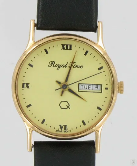 Miesten kultarannekello Royal Time quartz nahkarannekkeella, 585br, paino 27,8g Vikt: 27,8 g