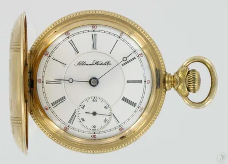 Umpikuorinen kultataskukello Illinois Watch Co., Springfield, Safety pinion, 17 jewels, 1338942, kaivertamaton, taulu viallinen, 585br, paino 132,9g Vikt: 132,9 g