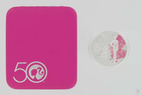 Hopearaha, one dollar Tuvalu 2009, Barbie 50 aniversary, kotelo, 999, paino 31,1g Vikt: 31,1 g