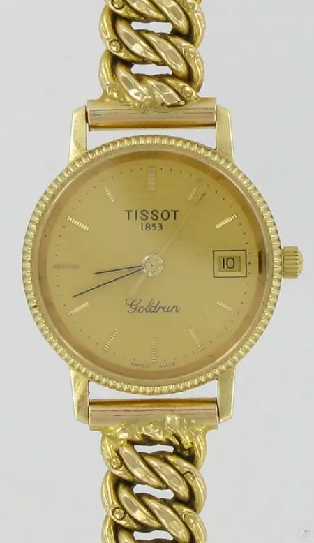 Naisten kultarannekello Tissot 1853 Goldrun quartz kaiverrettu 585br paino 29,4g hihnan pituus 20,5cm paristo loppu