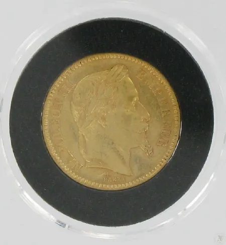 Kultaraha 20 frangia 1864, Ranska, 900, paino 6,4g Vikt: 6,4 g