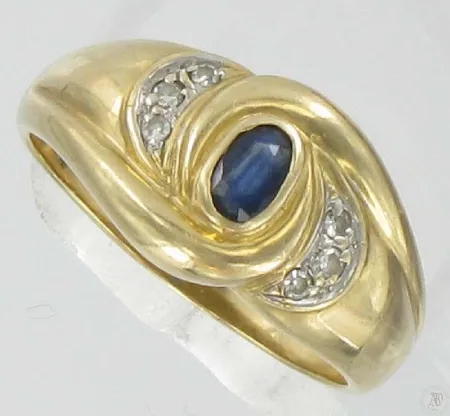 Sinisafiirisormus timanteilla 6xn.0.01ct, kaivertamaton, koko 18½, 585br, paino 4,0g Vikt: 4   g
