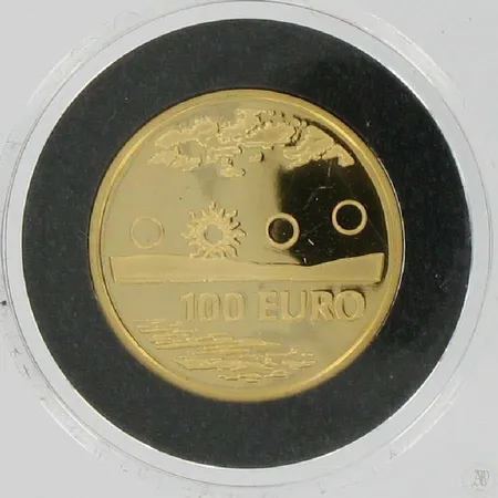 Kultaraha 100e, keskiyön aurinko - ensimmäinen suomalainen kultaeuro 900 paino 8,64g laatikossa
