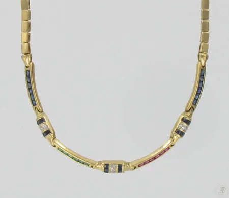 Kaulakoru kivillä ja timanteilla 9xn.0.005ct, pituus 43,0cm, 585br, paino 16,1g Vikt: 16,1 g