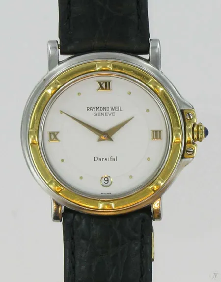 Teräsrannekello Raymond Weil Parsifal nahkarannekkeella, quartz, kaiverrettu, lukko-osan kultauksessa kulumia