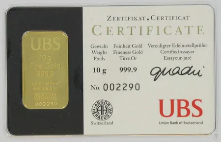 Kultaharkko, UBS, 999.9, paino 10,0g Vikt: 10   g