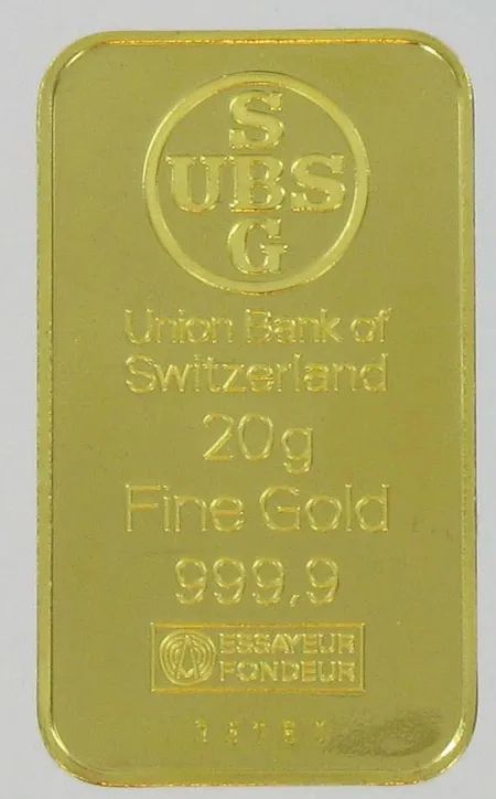 Kultaharkko 999,9 paino 20g Union bank of Switzerland Vikt: 20   g