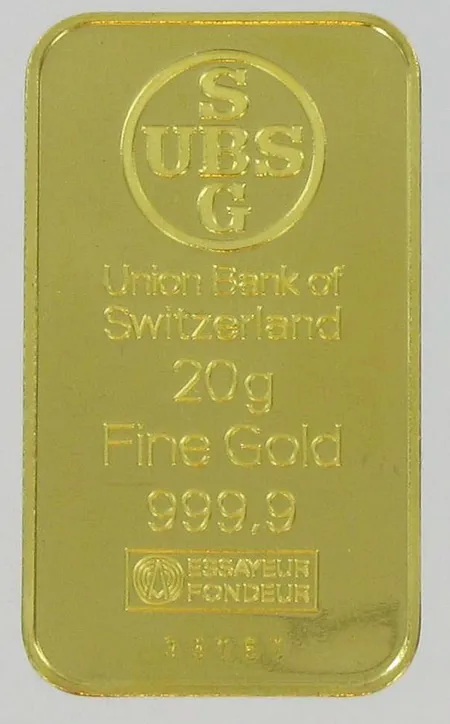 Kultaharkko 999,9 paino 20g Union bank of Switzerland Vikt: 20   g