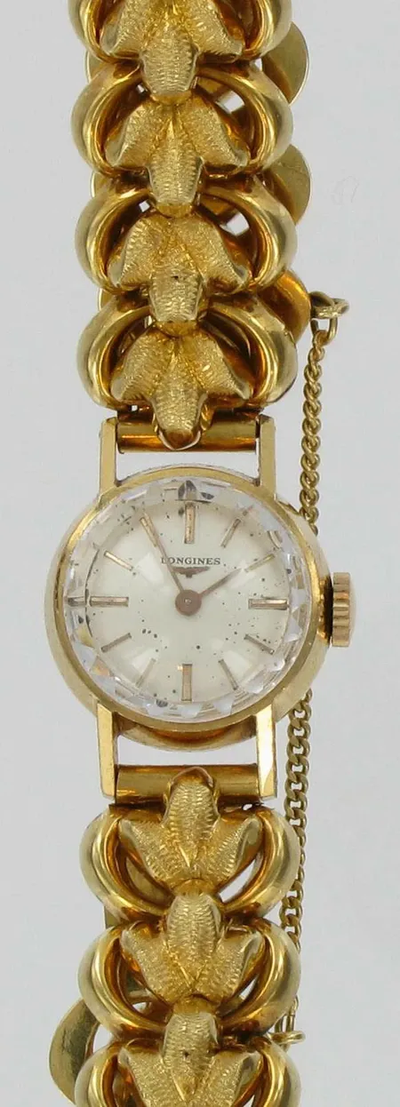 Naisten kultarannekello Longines kultarannekkeella, mekaaninen, taulussa hapettumaa ja kaiverrettu, 585br, paino 38,3g Vikt: 38,3 g