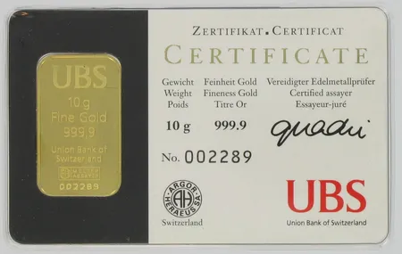 Kultalaatta UBS, 999, paino 10,0g Vikt: 10   g