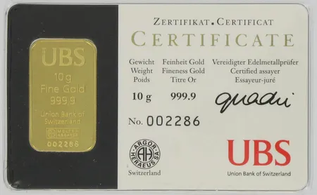 Kultalaatta UBS, 999, paino 10,0g Vikt: 10   g